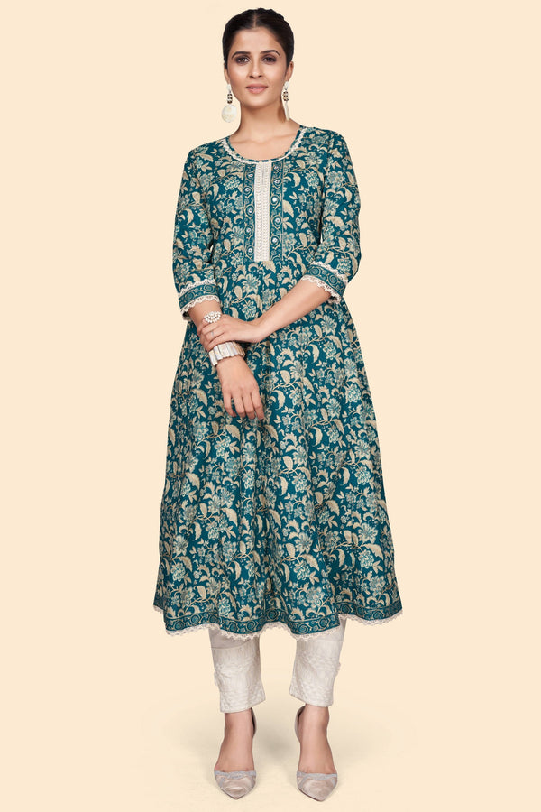 Women's Floral Print A-Line Cotton Teal Stitched Kurta - Vbuyz