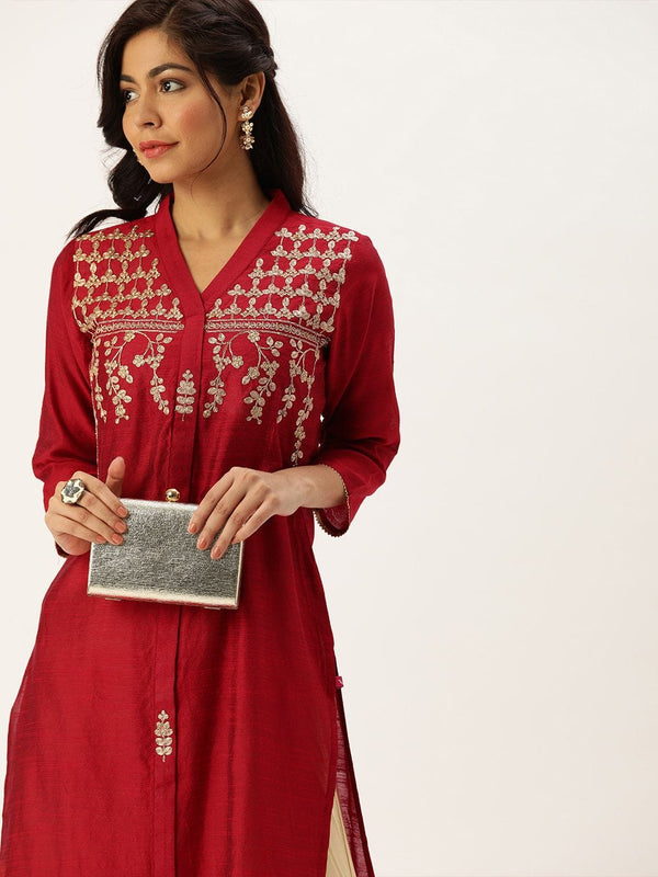 Women's Red & Gold-Toned Embroidered Straight Kurta - Varanga