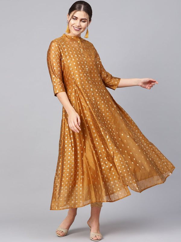 Women's Mustard Chanderi Printed Layered Kurta - Juniper