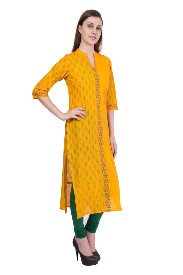 Women's Mustard 100% Cotton Hand Block Print Straight Kurta Only - Cheera