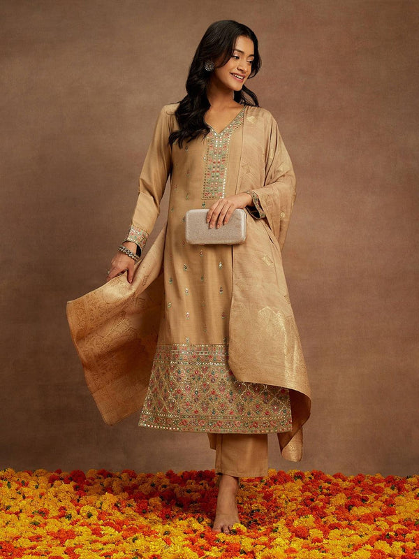 Tan Embroidered Silk Straight Kurta With Trousers & Dupatta - Jashvi