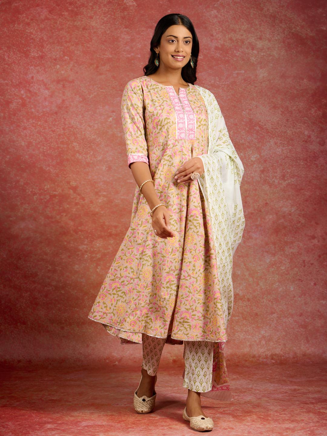 Tan Printed Cotton Anarkali Kurta With Trousers & Dupatta - Jashvi