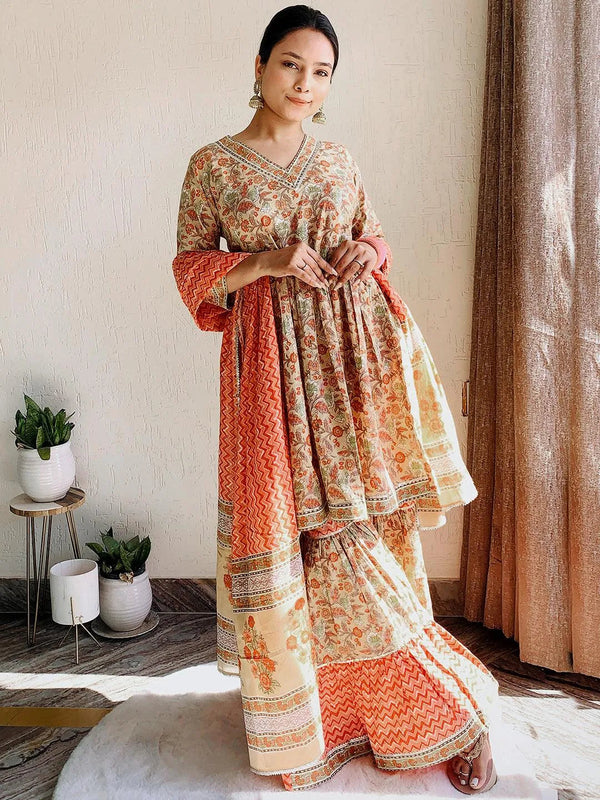 Tan Printed Cotton Anarkali Sharara Suit Set - Jashvi