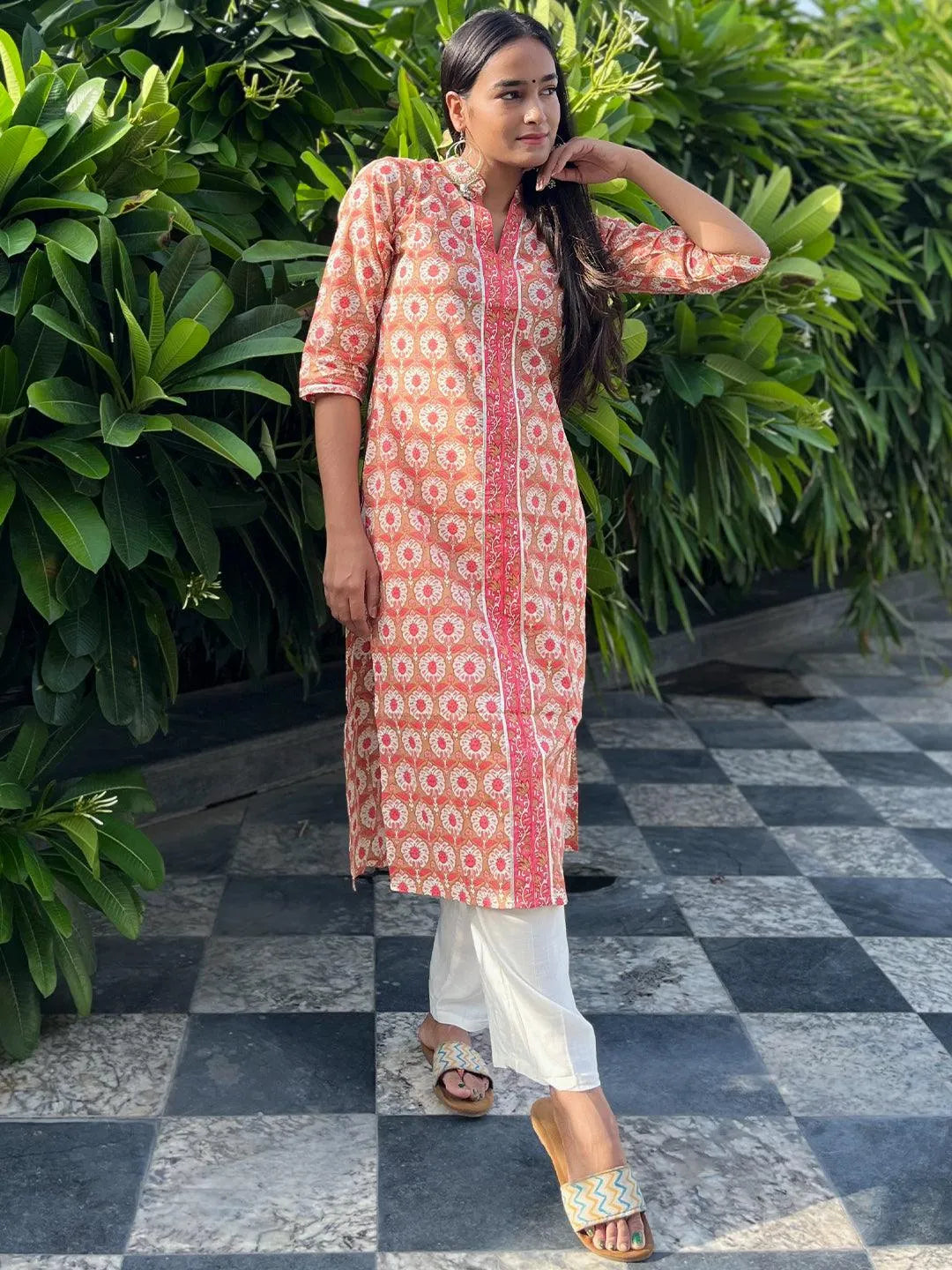 Tan Printed Cotton Straight Kurta - Jashvi