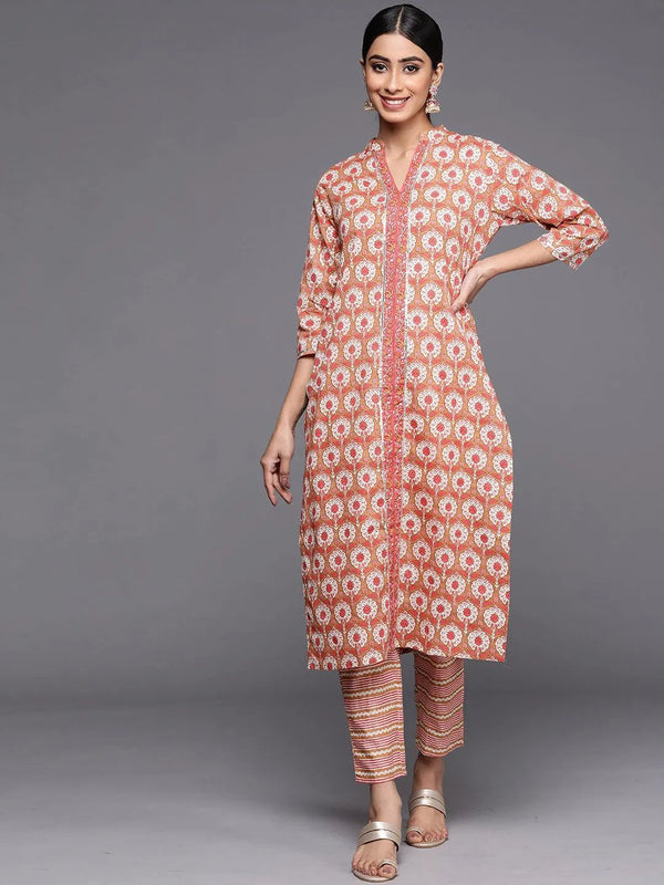 Tan Printed Cotton Straight Kurta Set With Trousers - Jashvi