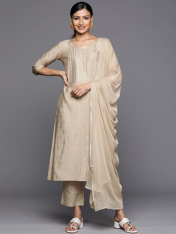 Tan Printed Silk Blend Straight Kurta With Trousers & Dupatta - Jashvi