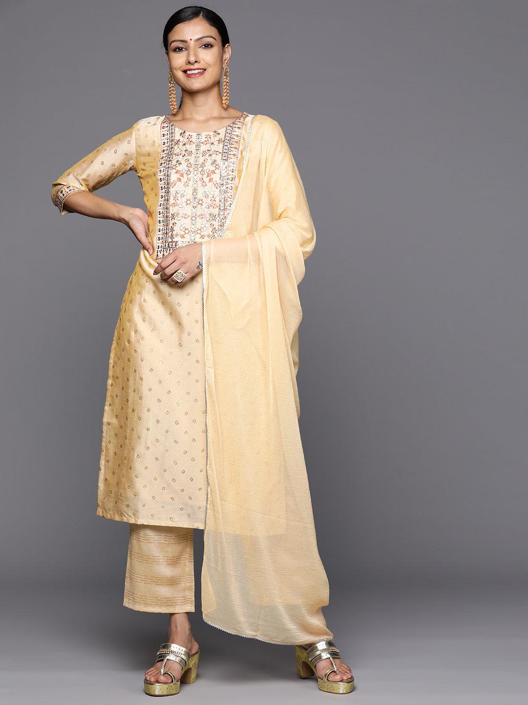 Tan Printed Silk Blend Straight Kurta With Trousers & Dupatta - Jashvi