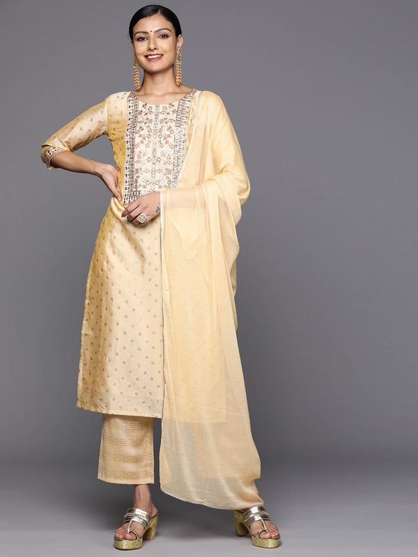 Tan Printed Silk Blend Straight Kurta With Trousers & Dupatta - Jashvi