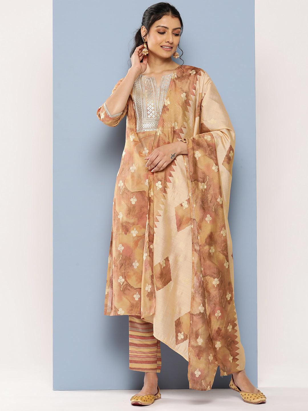 Tan Yoke Design Silk Blend Straight Suit Set With Trousers - Jashvi