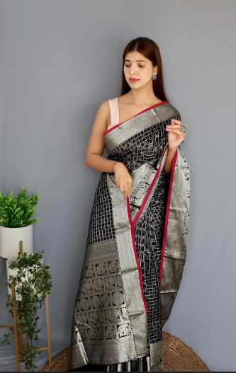 Women's Banarasi Soft Silk Checks Woven Saree Black - Tasarika