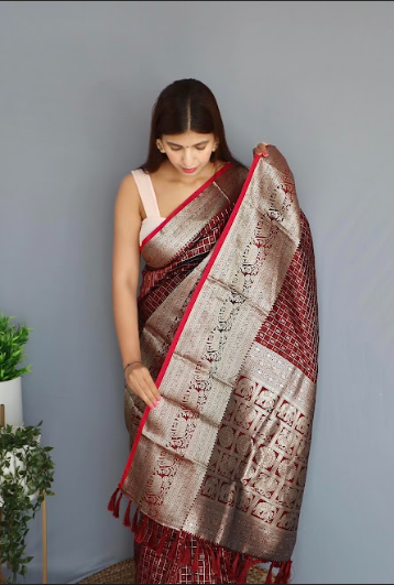 Women's Banarasi Soft Silk Checks Woven Saree Brown - Tasarika