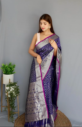 Women's Banarasi Soft Silk Checks Woven Saree Violet Blue - Tasarika