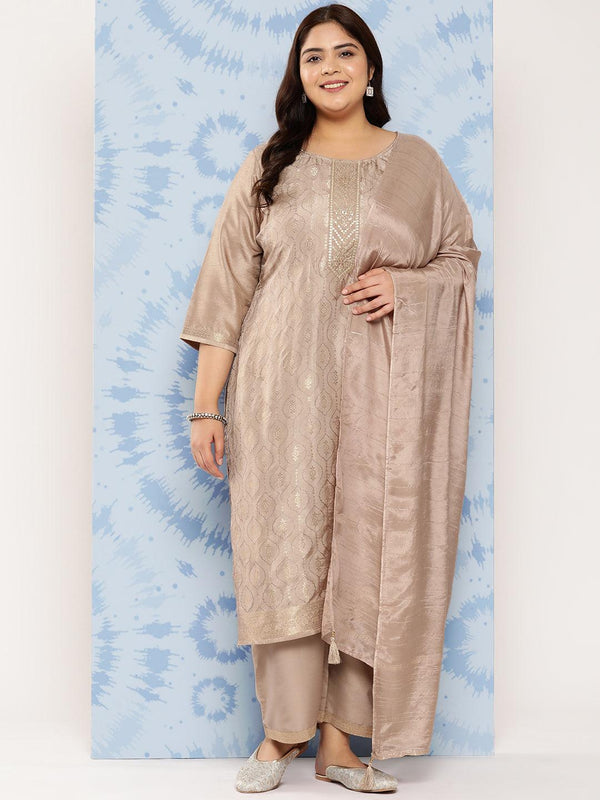 Taupe Embroidered Silk Blend Straight Kurta With Trousers and Dupatta - Jashvi