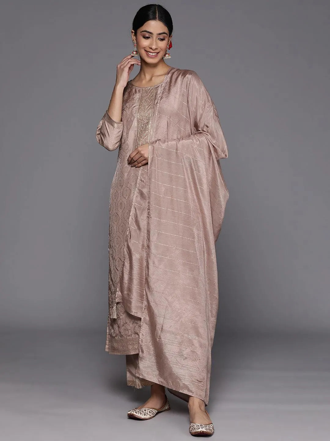 Taupe Embroidered Silk Blend Suit Set With Trousers - Jashvi