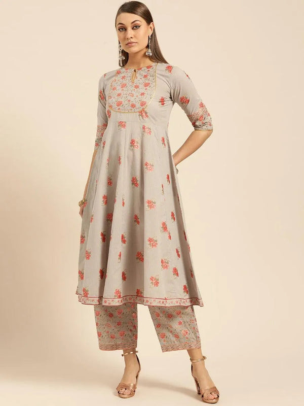 Taupe Printed Cotton Kurta Set - Jashvi