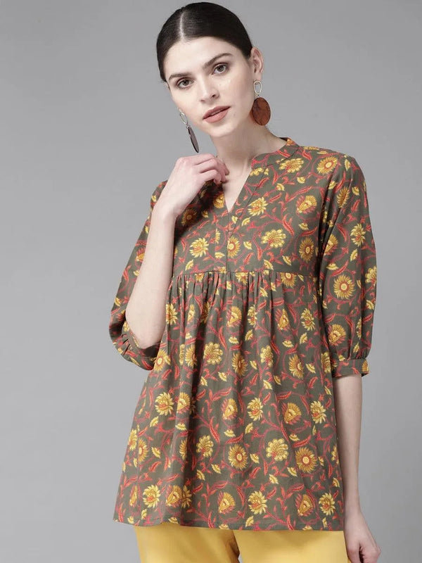 Taupe Printed Cotton Kurti - Jashvi