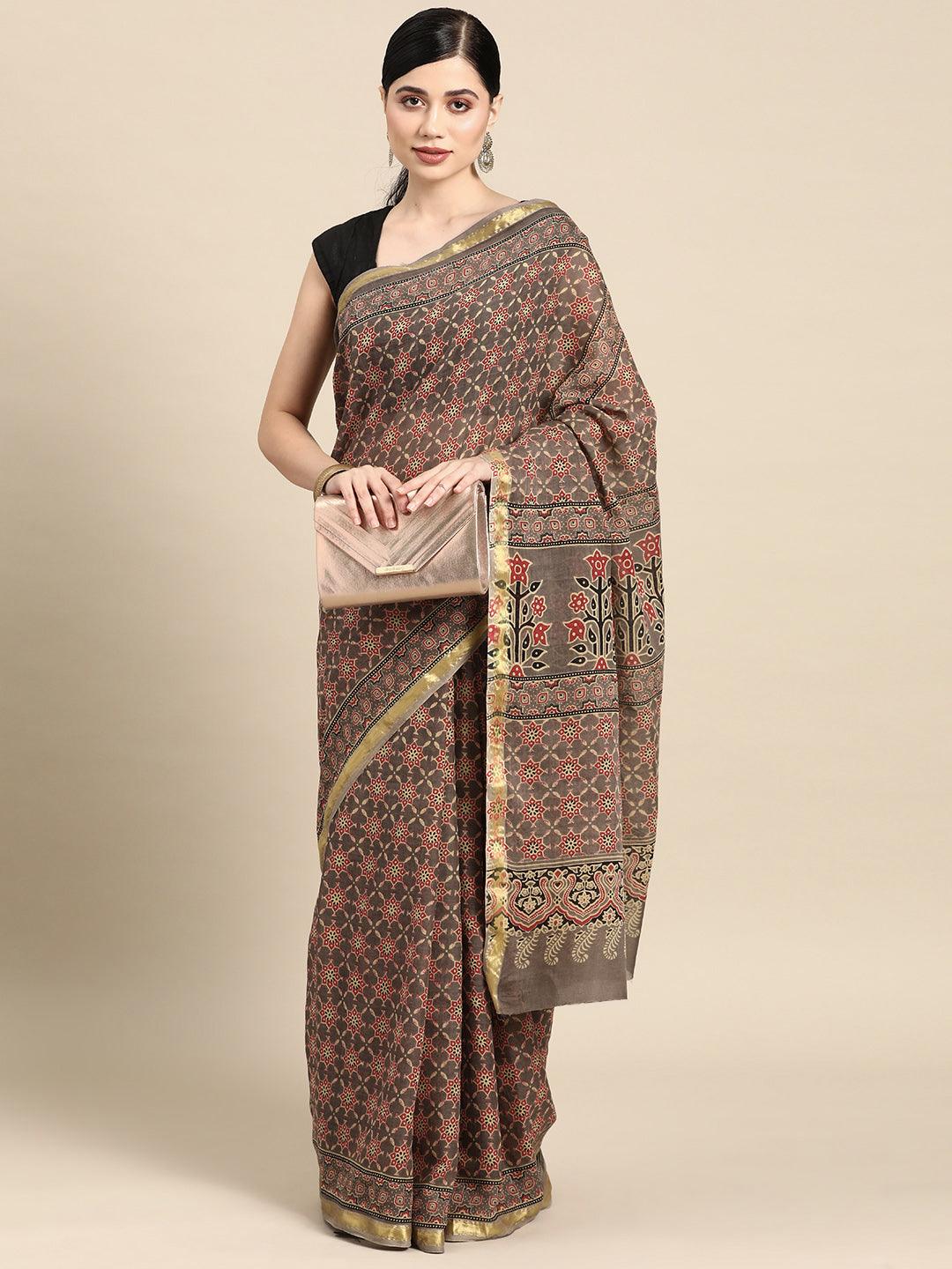 Taupe Printed Cotton Saree - Jashvi