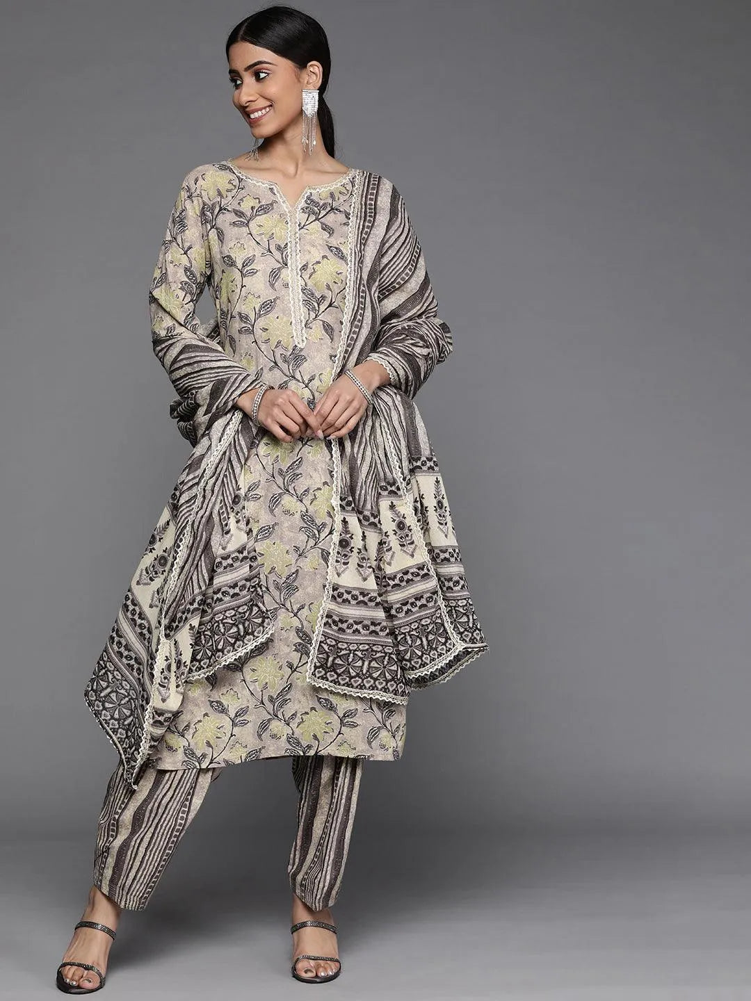 Taupe Printed Cotton Suit Set - Jashvi