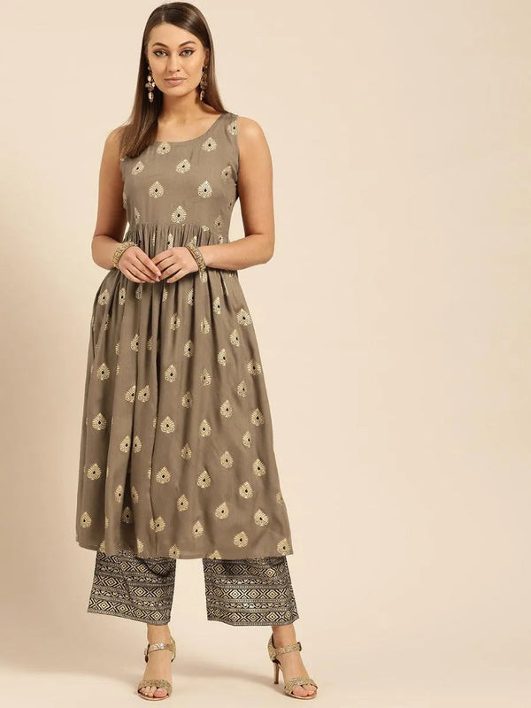 Taupe Printed Rayon Kurta Set - Jashvi