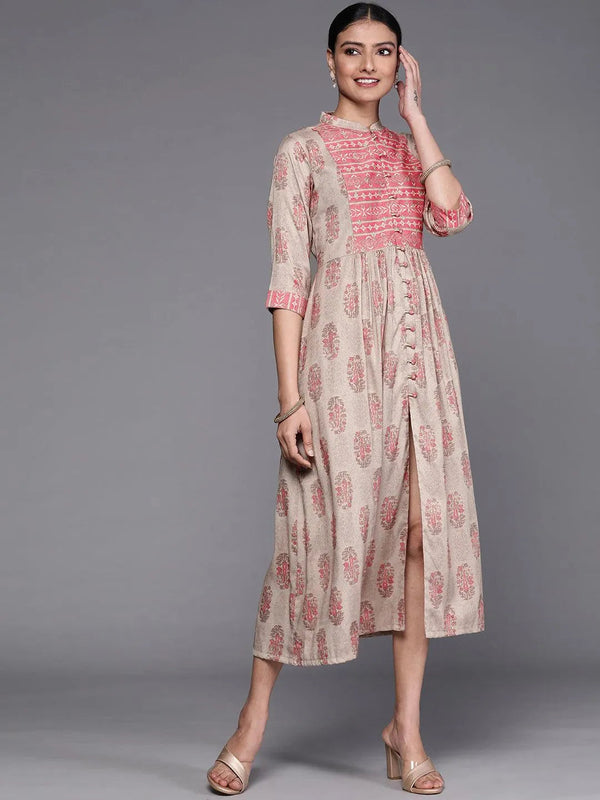 Taupe Printed Rayon Dress - Jashvi