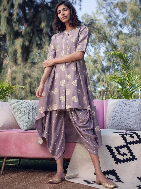 Taupe Printed Silk A-Line Kurta Set - Jashvi