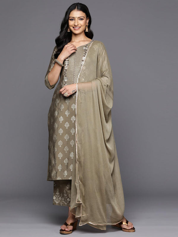 Taupe Printed Silk Blend Straight Kurta With Trousers & Dupatta - Jashvi