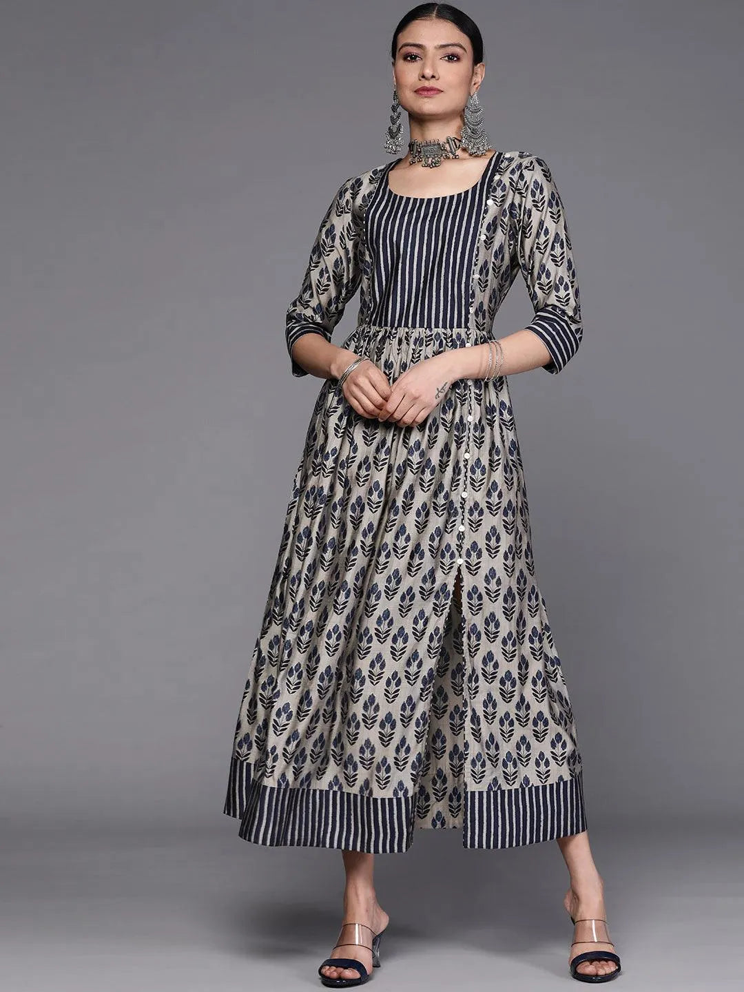 Taupe Printed Silk Dress - Jashvi