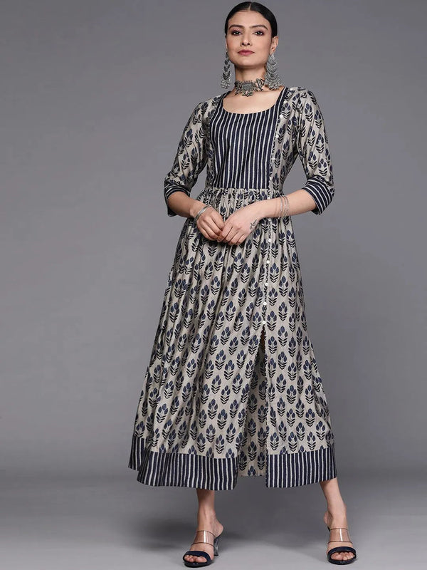 Taupe Printed Silk Dress - Jashvi