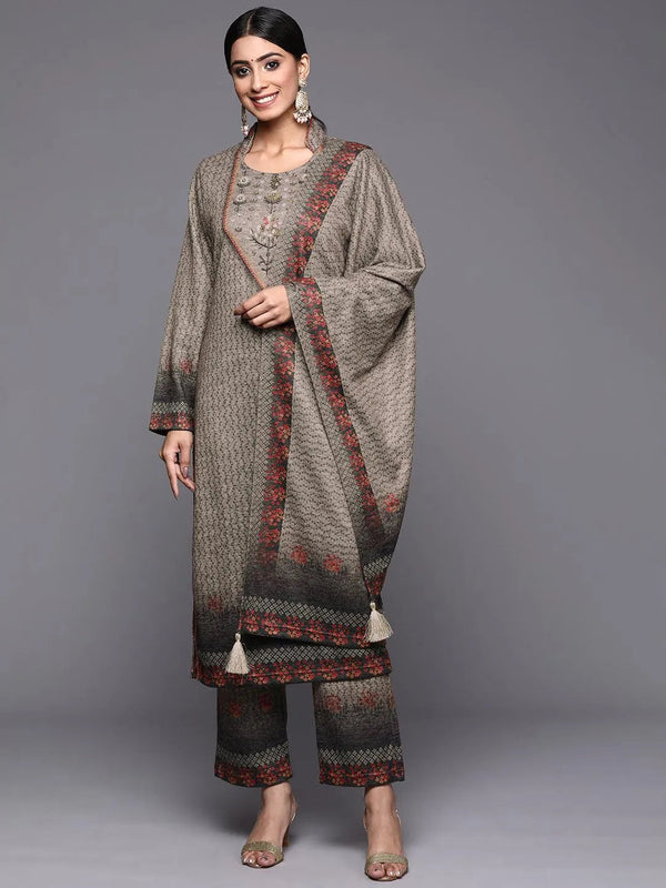 Taupe Printed Wool Straight Suit Set - Jashvi