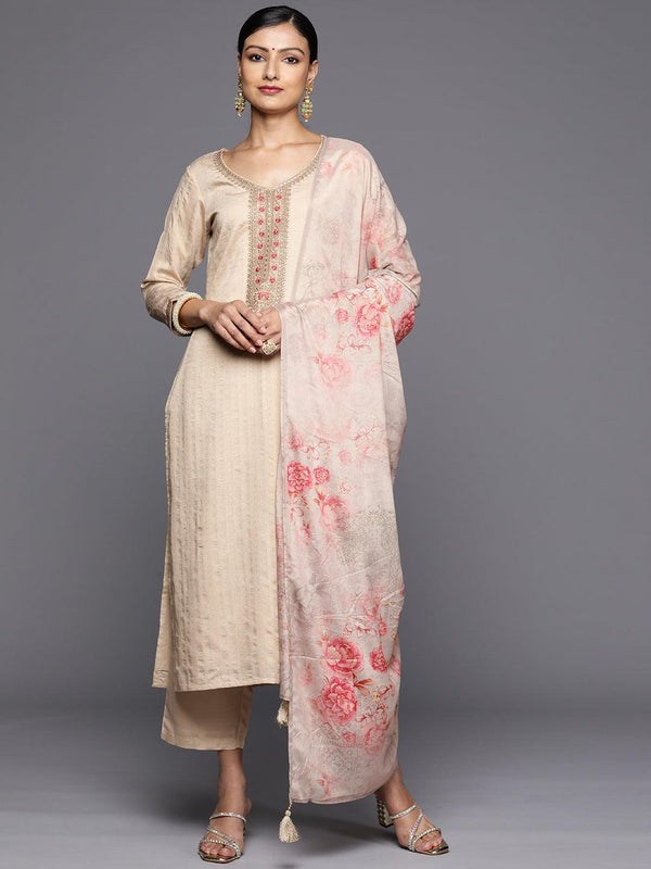 Taupe Self Design Rayon Straight Kurta With Trousers & Dupatta - Jashvi