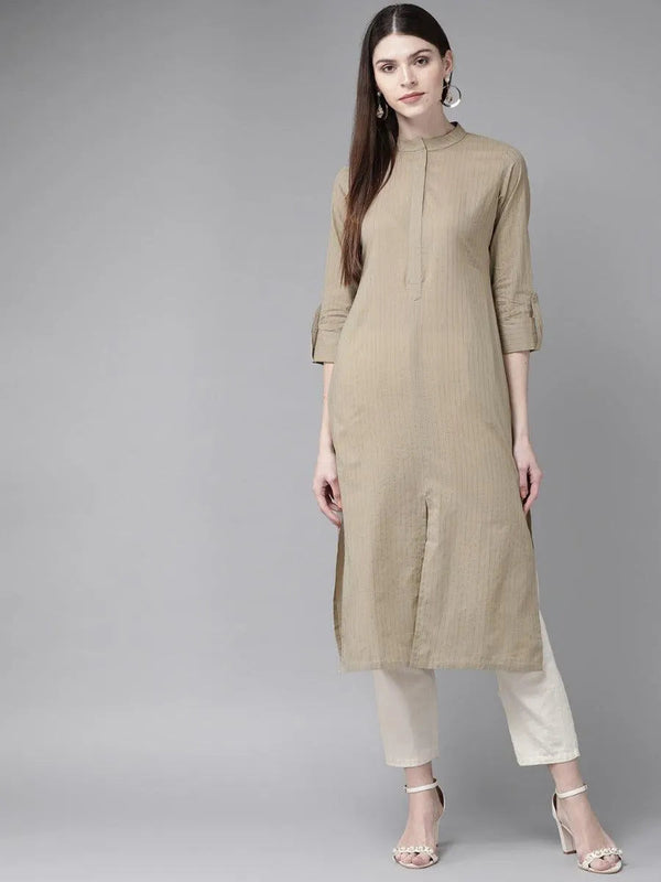 Taupe Striped Cotton Kurta - Jashvi