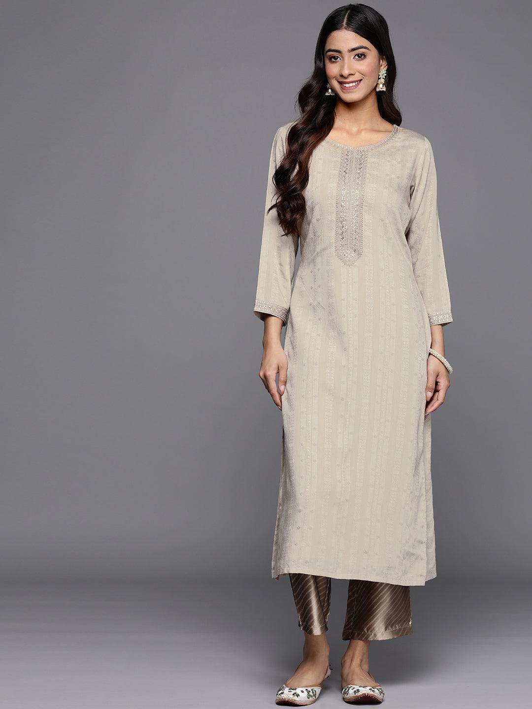 Taupe Woven Design Rayon Straight Kurta - Jashvi