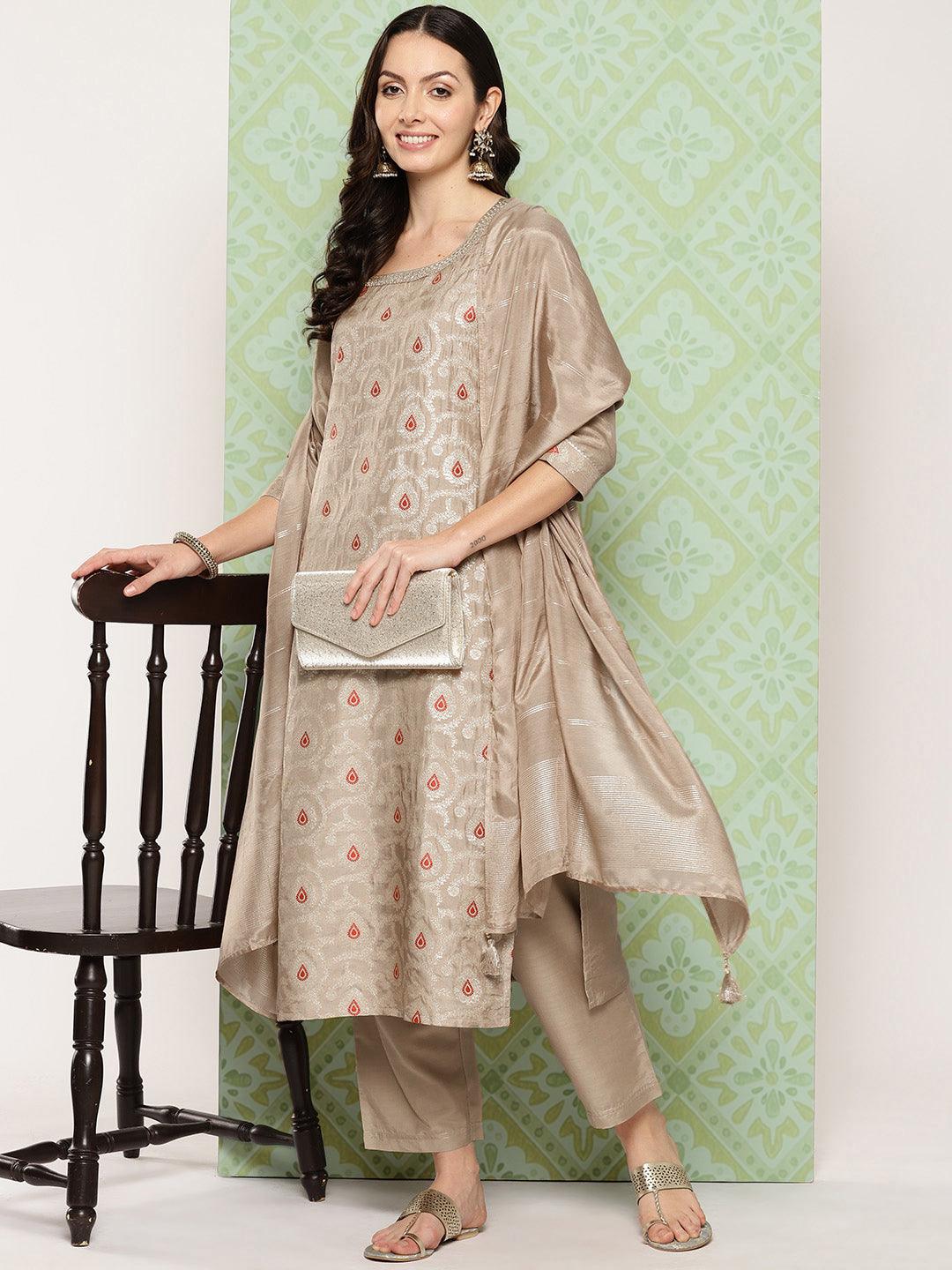 Taupe Woven Design Silk Blend Straight Kurta With Trousers & Dupatta - Jashvi