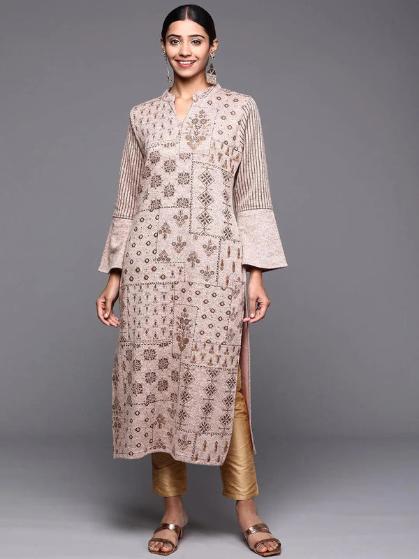 Taupe Woven Design Wool Straight Kurta - Jashvi