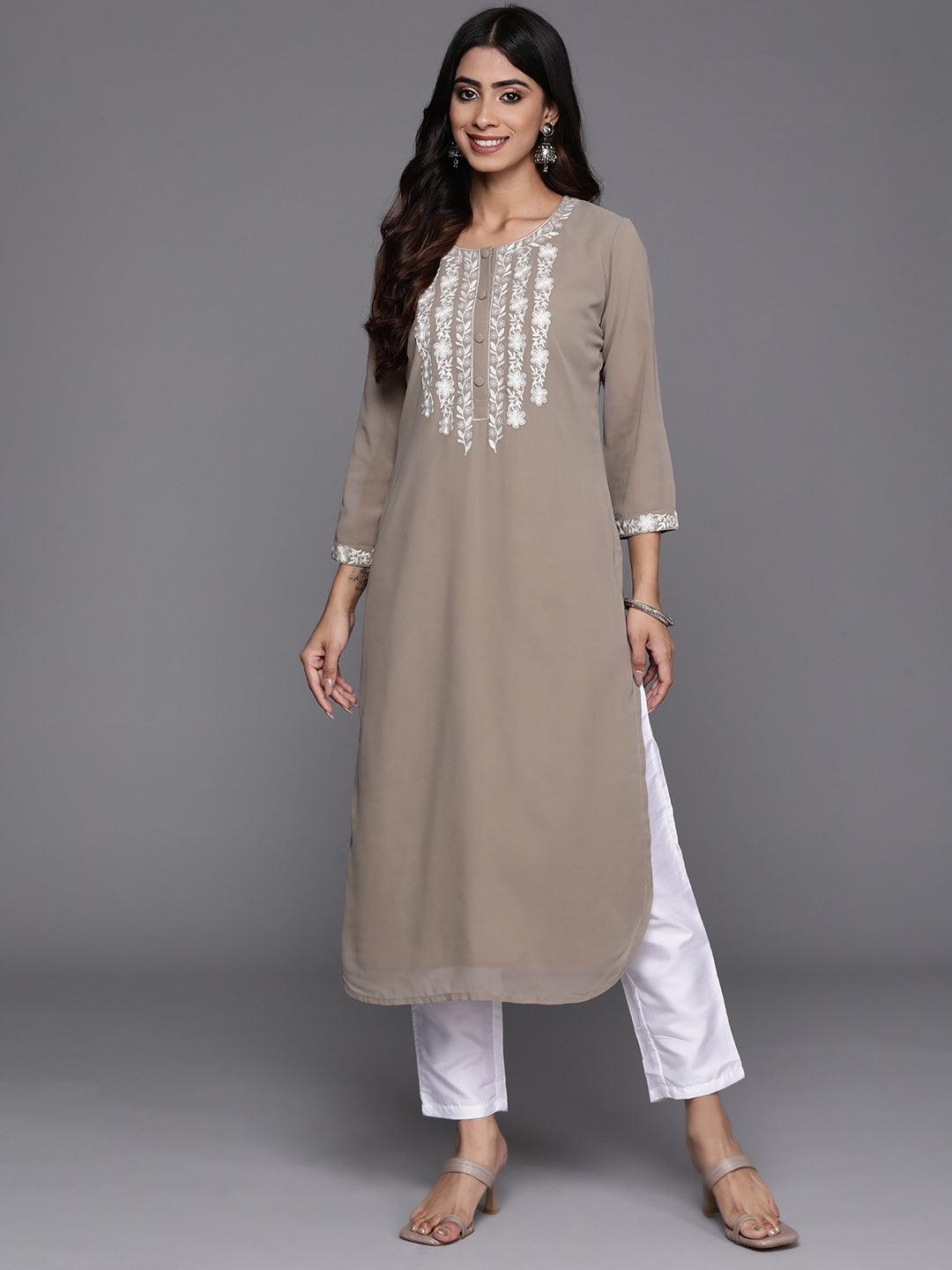 Taupe Yoke Design Georgette Pathani Kurta - Jashvi