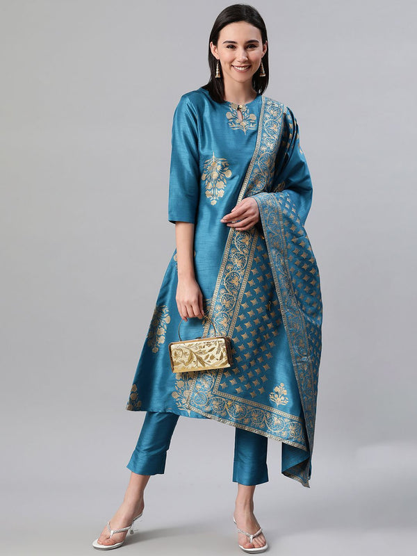 Women's Blue Color Foil Print Flared Kurta,Pant And Dupatta Set - Ziyaa