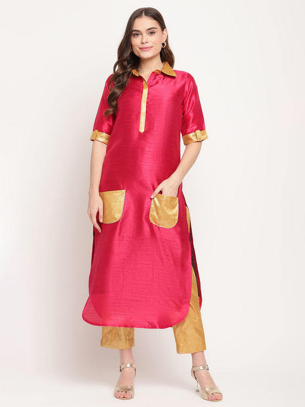 Dark Pink Poly Silk Kurta Trouser Set