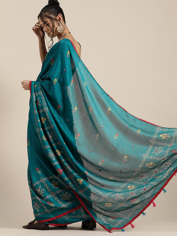 Women's Teal Blue Casual Jute Silk Printed Saree With Unstitched Blouse - Odette