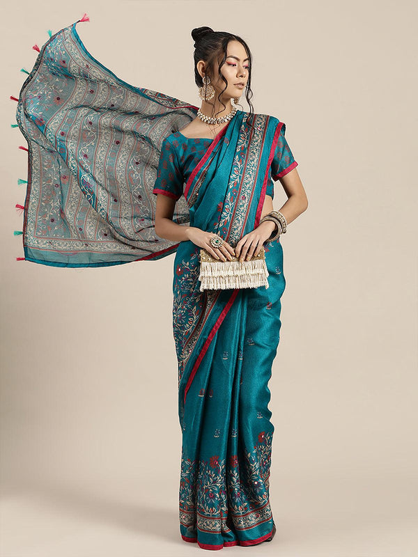 Women's Teal Blue Casual Jute Silk Printed Saree With Unstitched Blouse - Odette