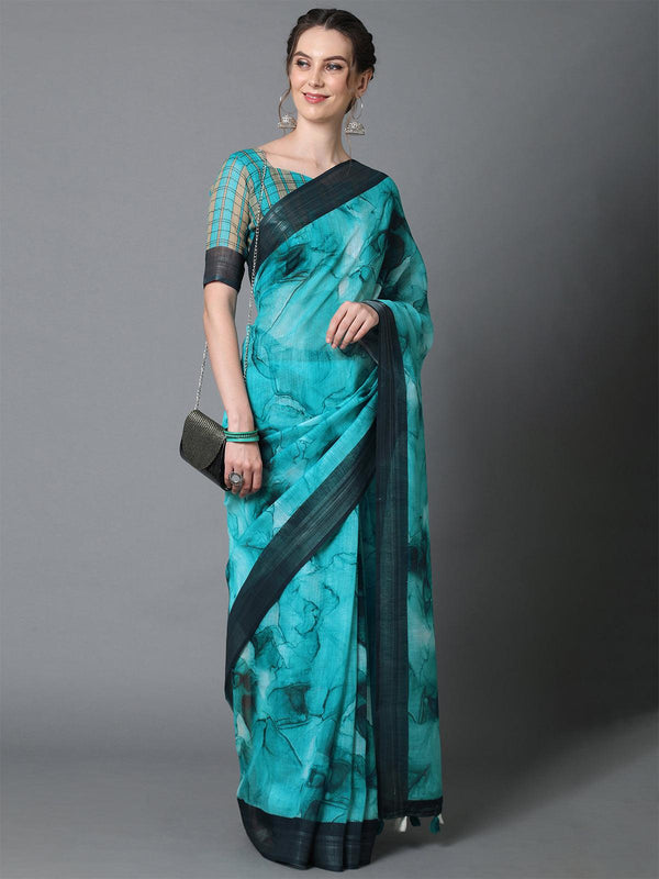 Women's Teal Blue Casual Linen Printed Saree With Unstitched Blouse - Odette