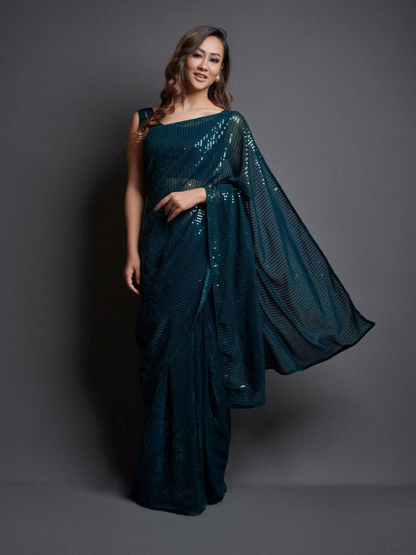 Women's Teal Blue Color Georgette Saree - Odette