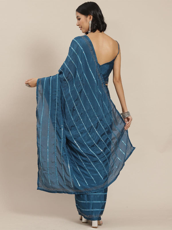 Women's Teal Blue Elegant Mirror Work Saree - Odette