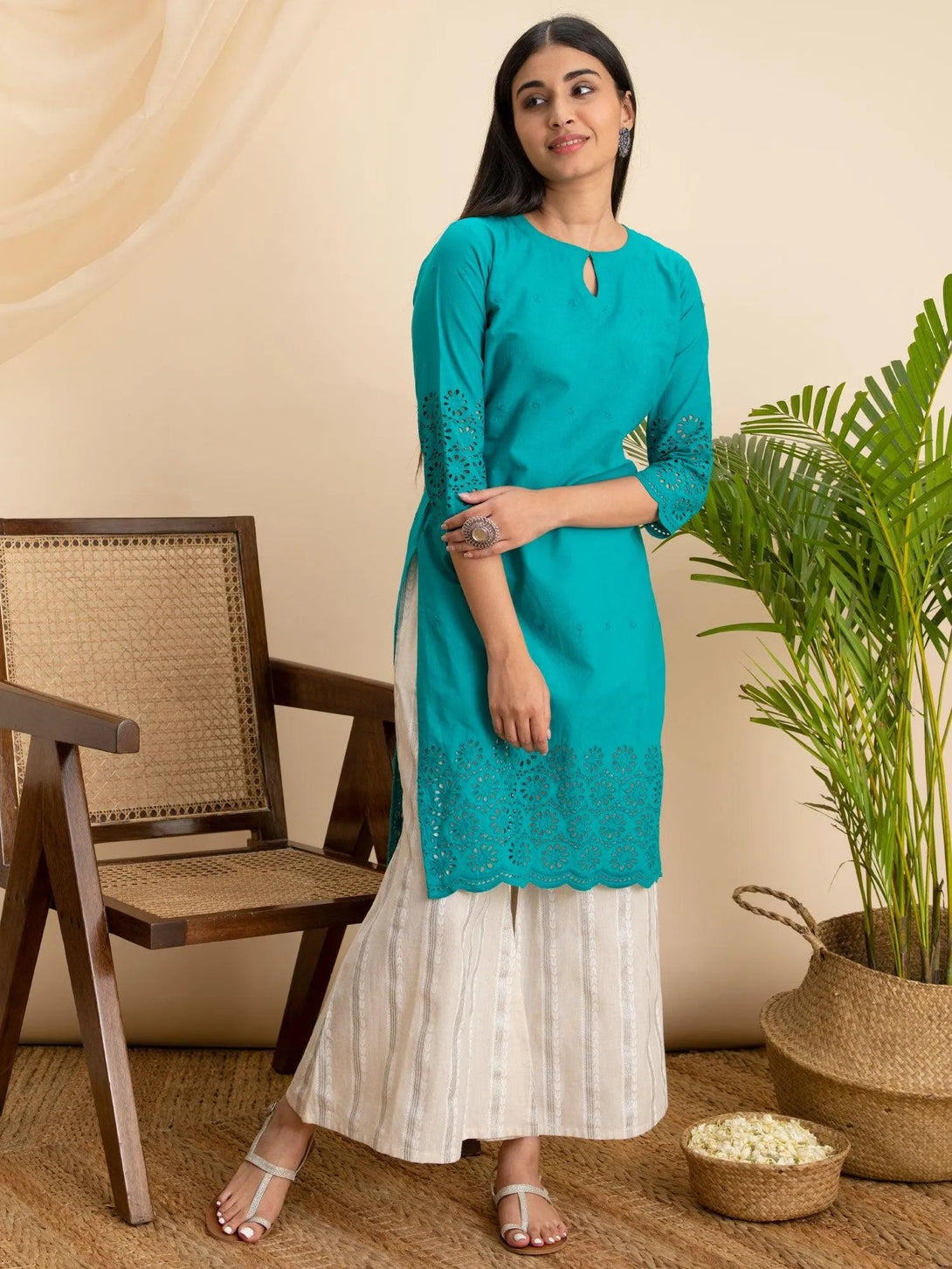 Teal Blue Embroidered Cotton Kurta - Jashvi