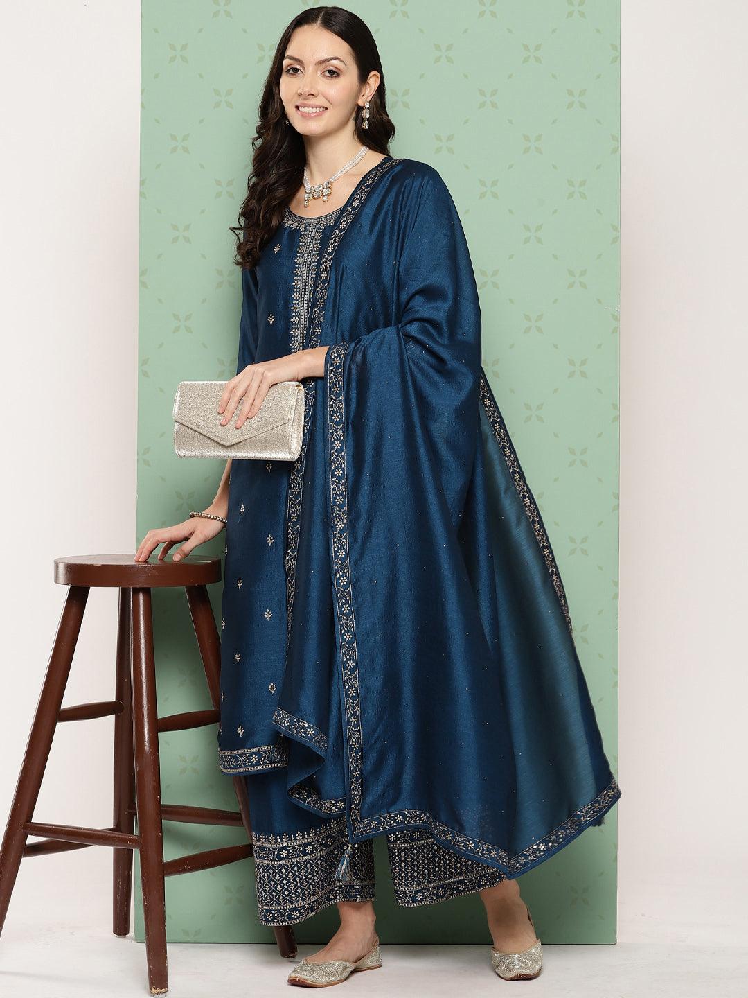 Teal Blue Embroidered Silk Blend Straight Kurta With Palazzos & Dupatta - Jashvi