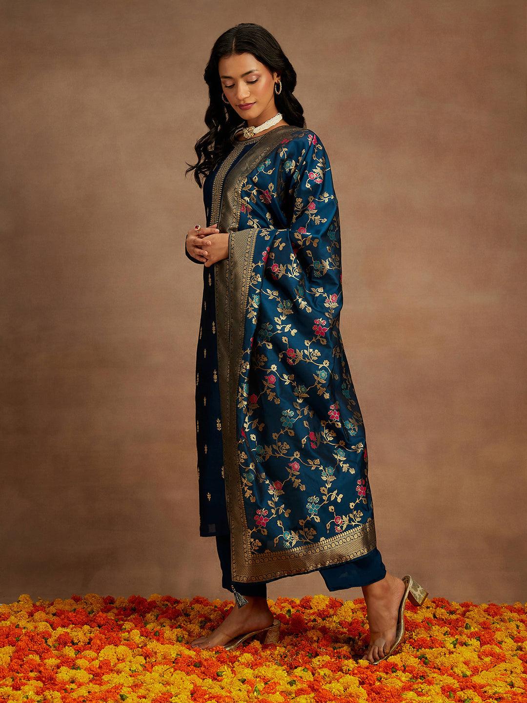 Teal Blue Embroidered Silk Blend Straight Kurta With Trousers & Dupatta - Jashvi