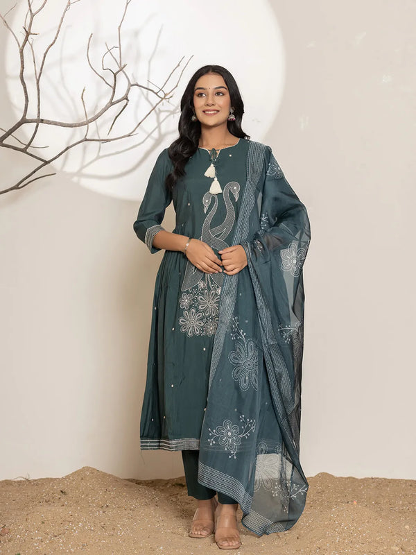 Teal Blue Embroidery Cotton Anarkali Kurta Dupatta Set-Indiakreations-JS7018SKDTBS