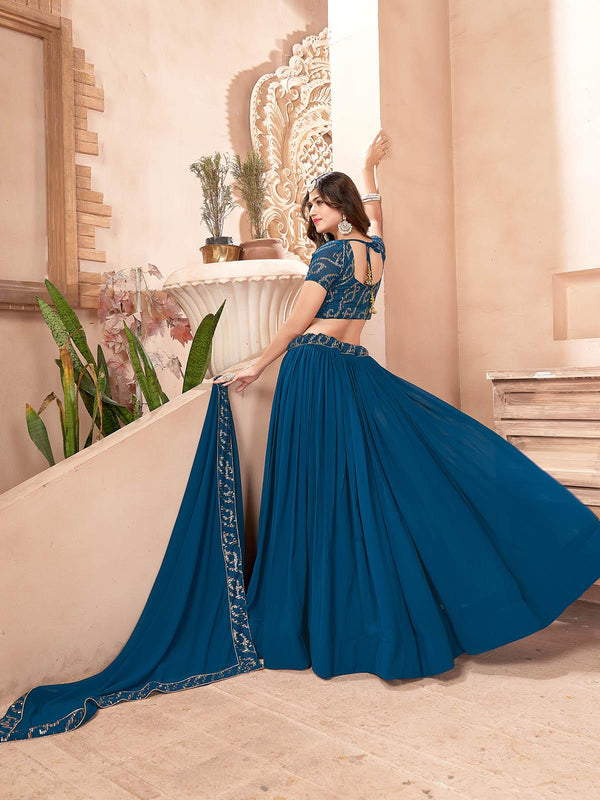 Women's Teal Blue Faux Georgette Lehenga Set - Odette