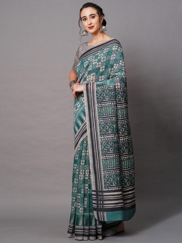 Women's Teal Blue Festive Bhagalpuri Silk Printed Saree With Unstitched Blouse - Odette