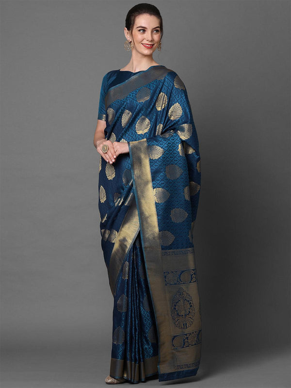 Women's Teal Blue Festive Kanjivaram Silk Woven Design Saree With Unstitched Blouse - Odette