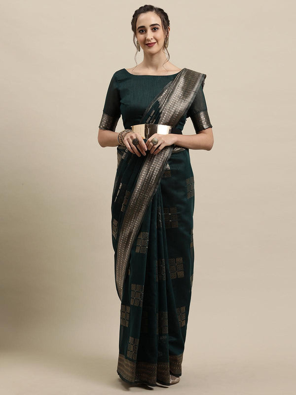 Women's Teal Blue Festive Linen Woven Design Saree With Unstitched Blouse - Odette